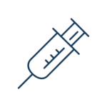 Semplice disegno al tratto di una siringa medica con ago, rappresentata in posizione obliqua su uno sfondo chiaro. Raffigurata in uno stile minimalista dai contorni blu, la siringa suggerisce la cura e la precisione professionale di Servizi Veterinari.