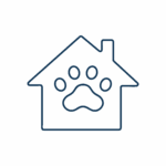 Sagoma di una casa con un'impronta di zampa all'interno, che simboleggia una casa per animali domestici, un rifugio per animali o un Servizio Veterinario, su sfondo bianco.